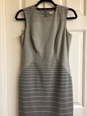Calvin Klein Gray and White Striped Midi Sheath Dress